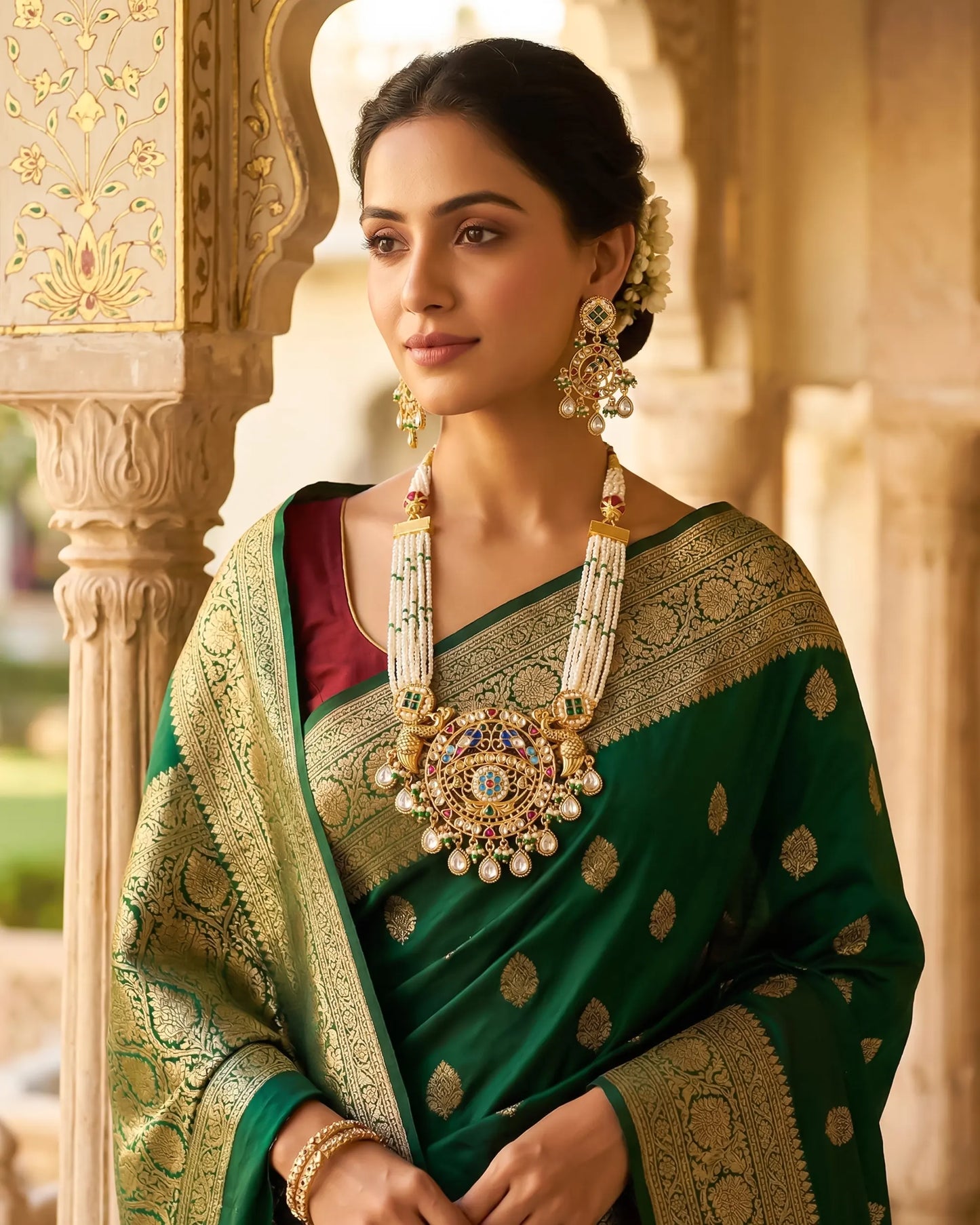 Peacock Kundan Pearl Necklace Set, Indian Bridal Gold Wedding Jewelry