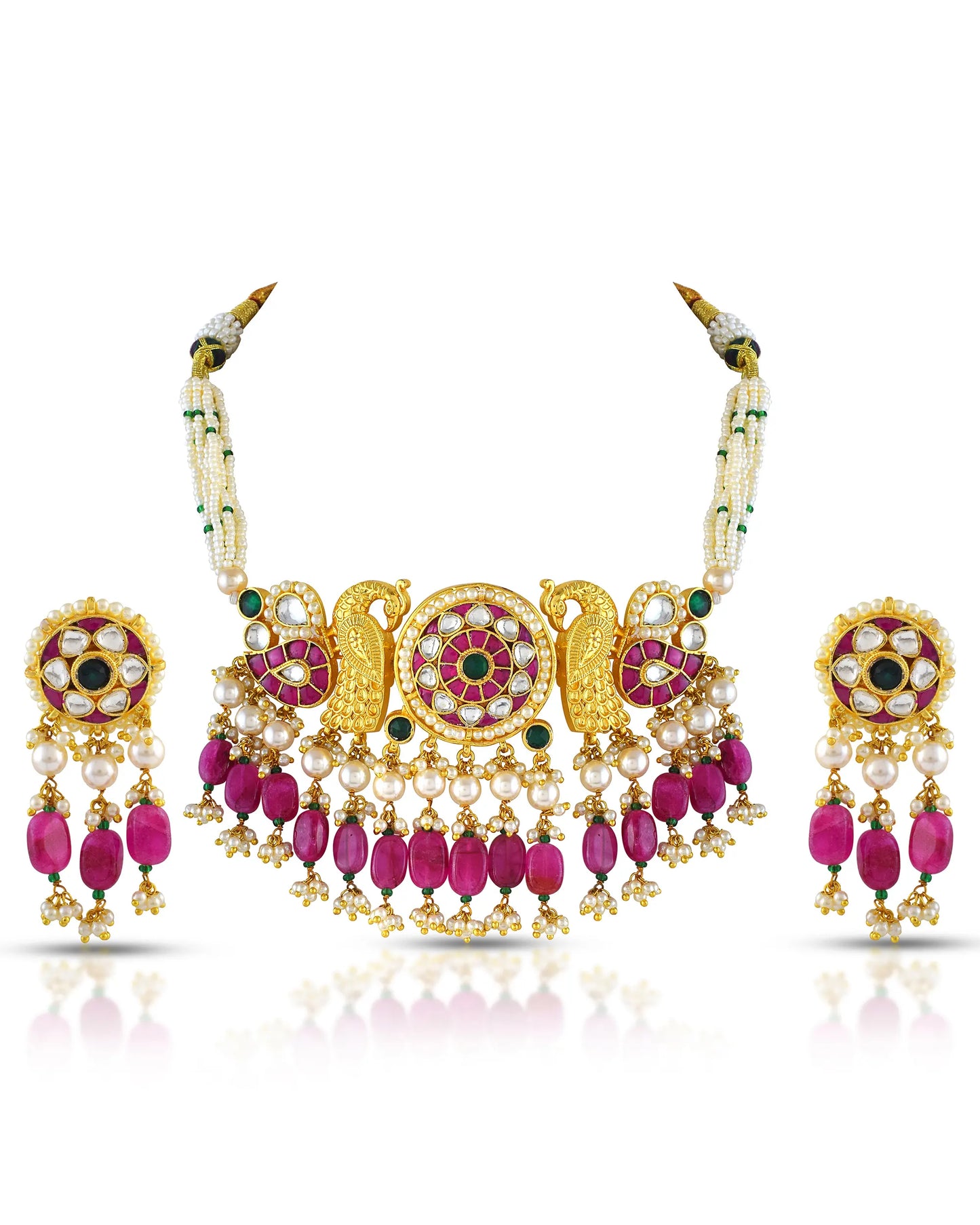 Kundan Peacock Choker Set with Pink Beads & Pearls – Ethnic Indian Jewelry