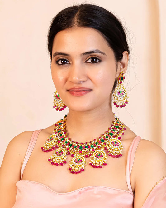 Kundan Choker Set with Pink & Green Stones – Gold Plated Indian Jewelry