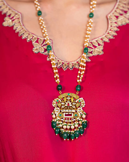 Designer Gold Plated Indian Jewelry Set – Pearl Necklace with Green Stone