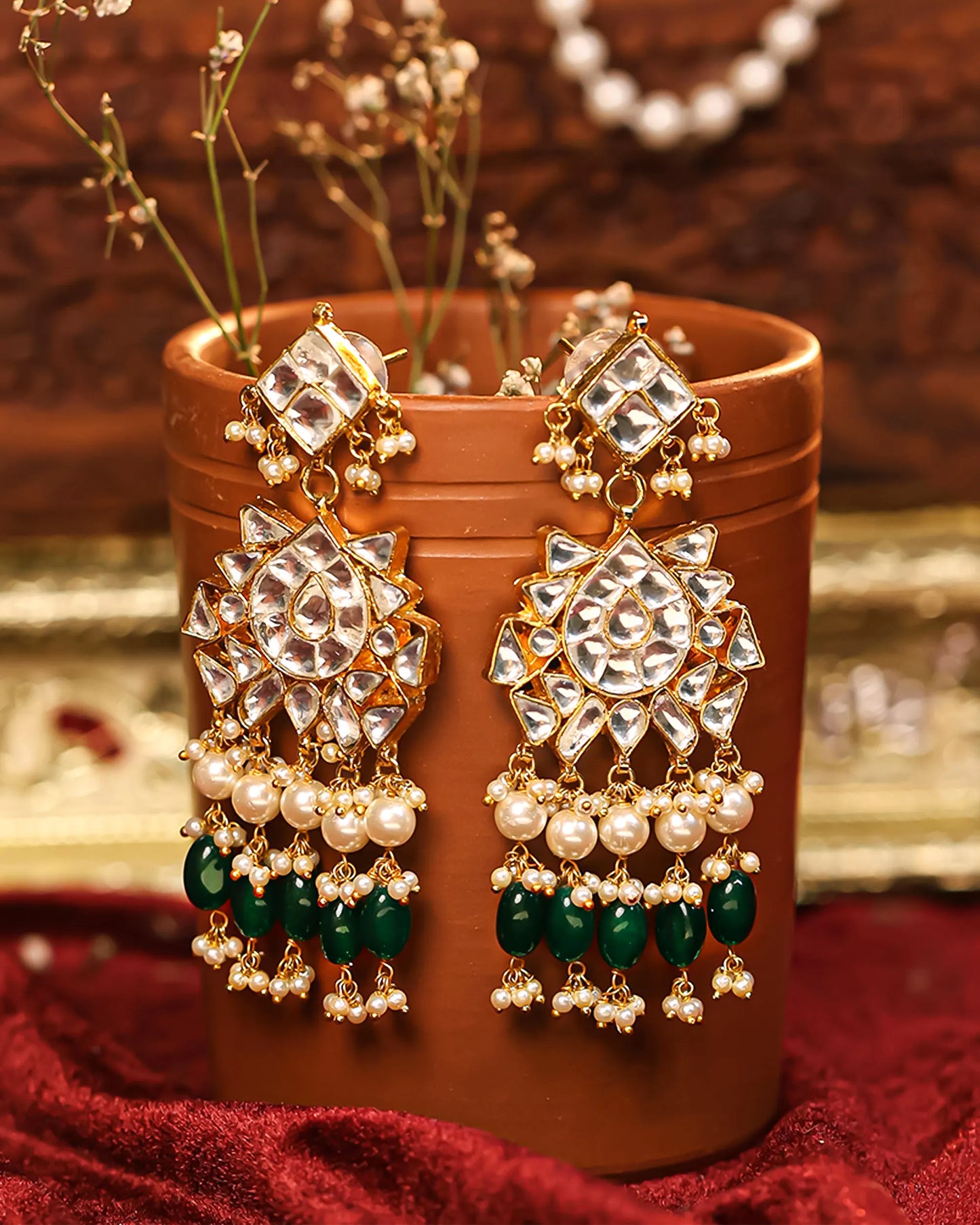 Pearl Kundan Choker Set, Green Bead Fringe Indian Bridal Necklace with Earrings
