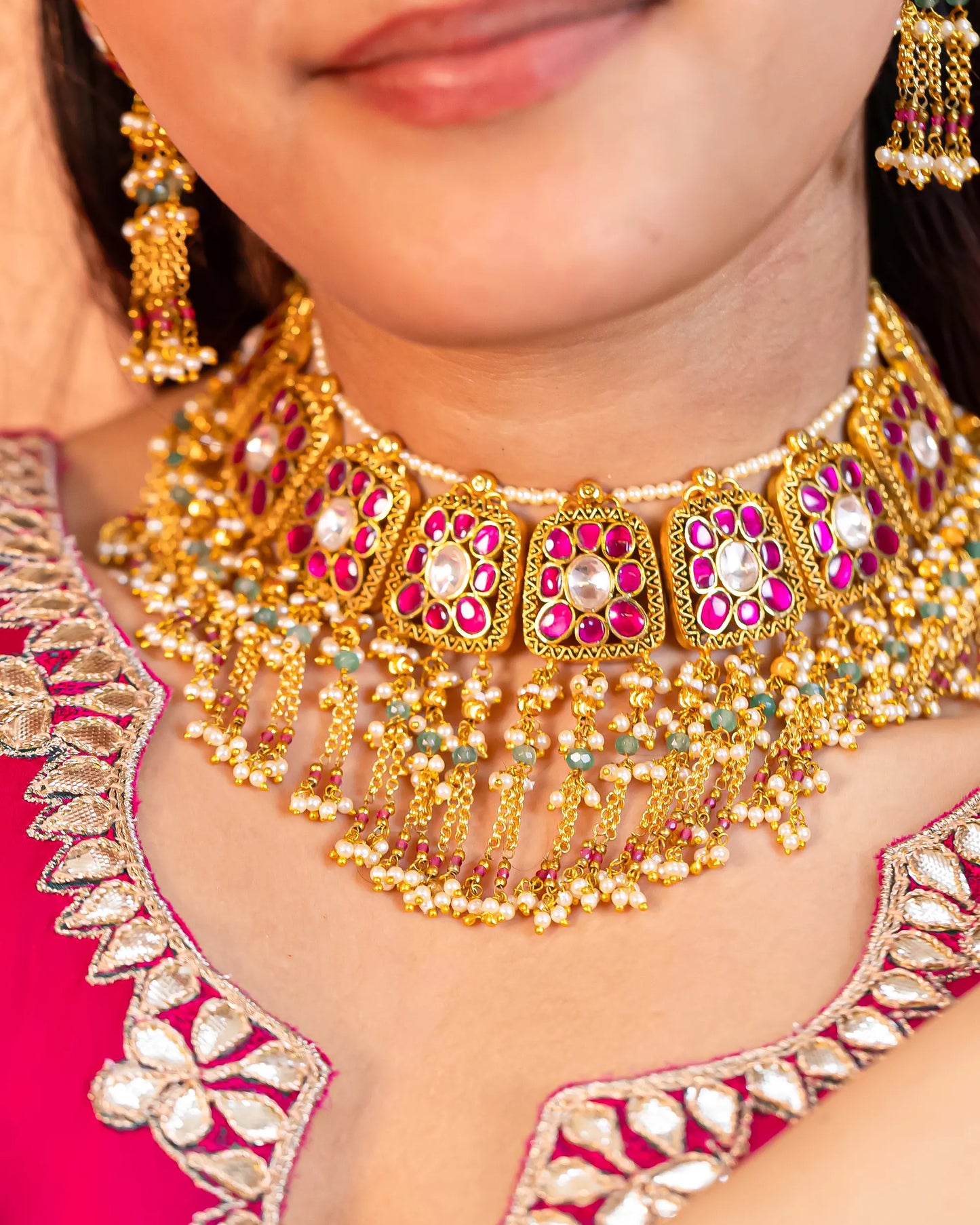 Gold Plated Pink Kundan & Pearl Choker Set Necklace Traditional Indian Jewelry