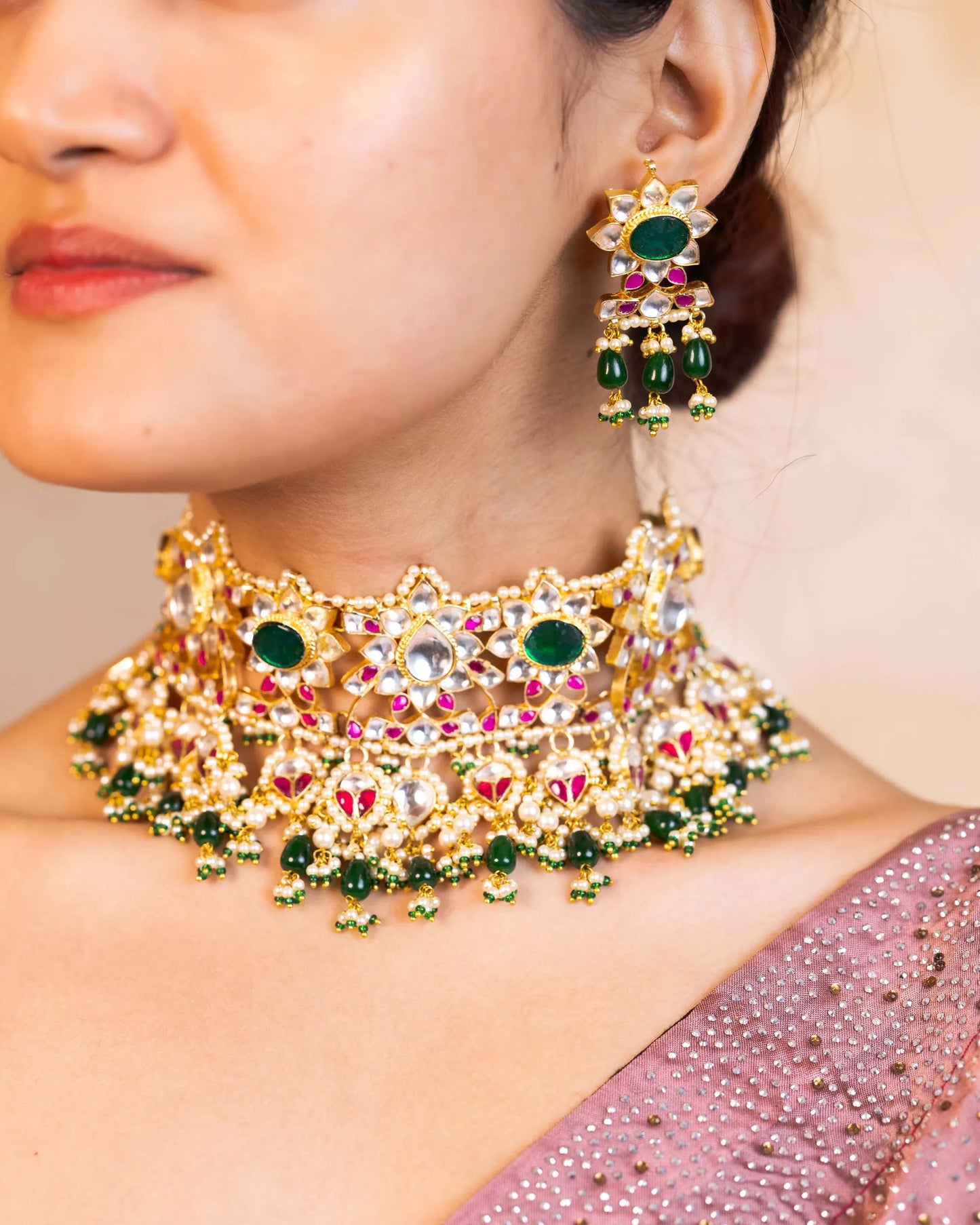 Designer Sparkling Kundan Choker Set – Green Bead Necklace with Floral Earrings