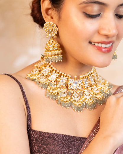 Gold Plated Kundan Bridal Choker Set with Pearl Drop Earrings and Maang Tikka Jewelry