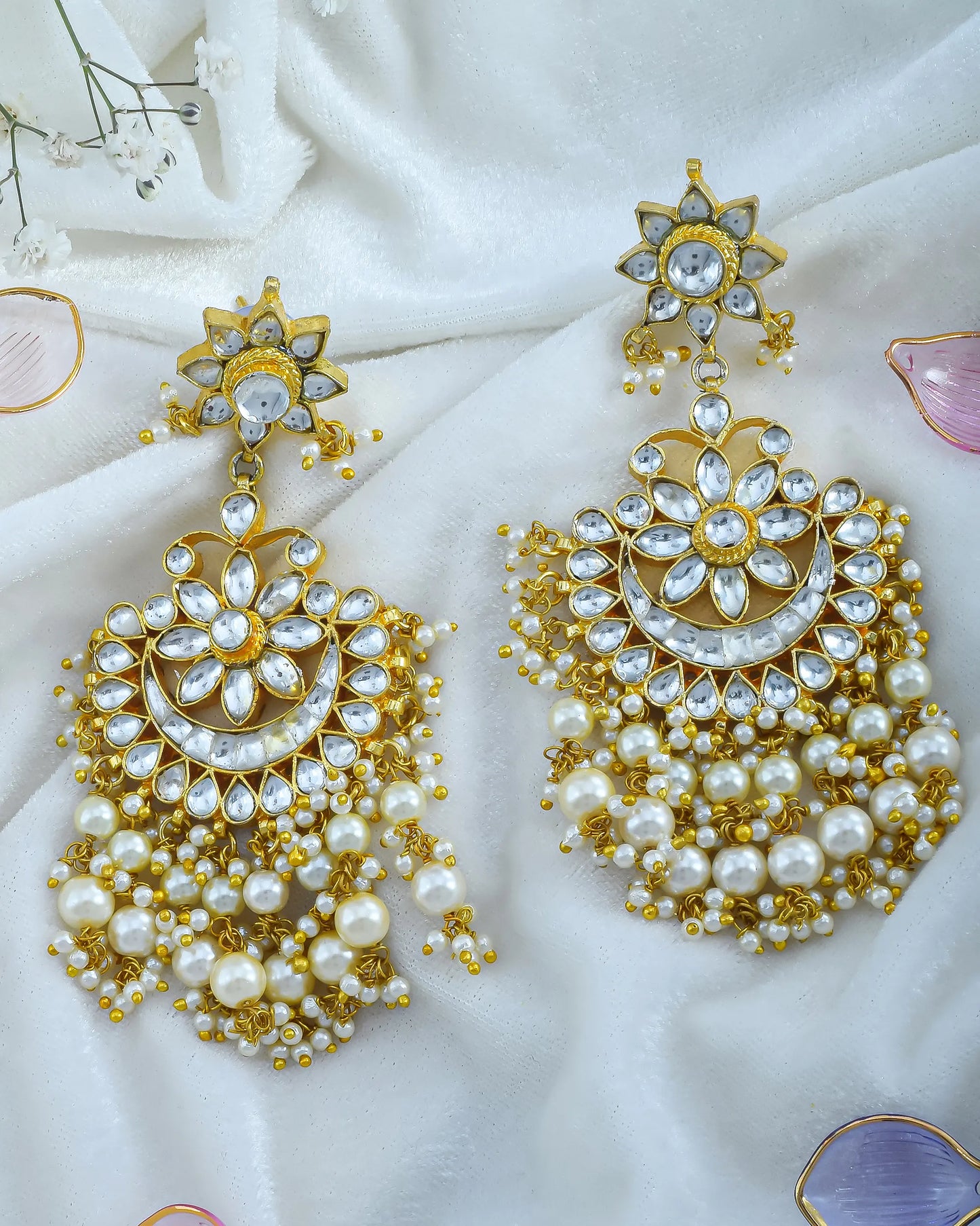Gold Plated Kundan Chandbali Earrings with Pearl Drops