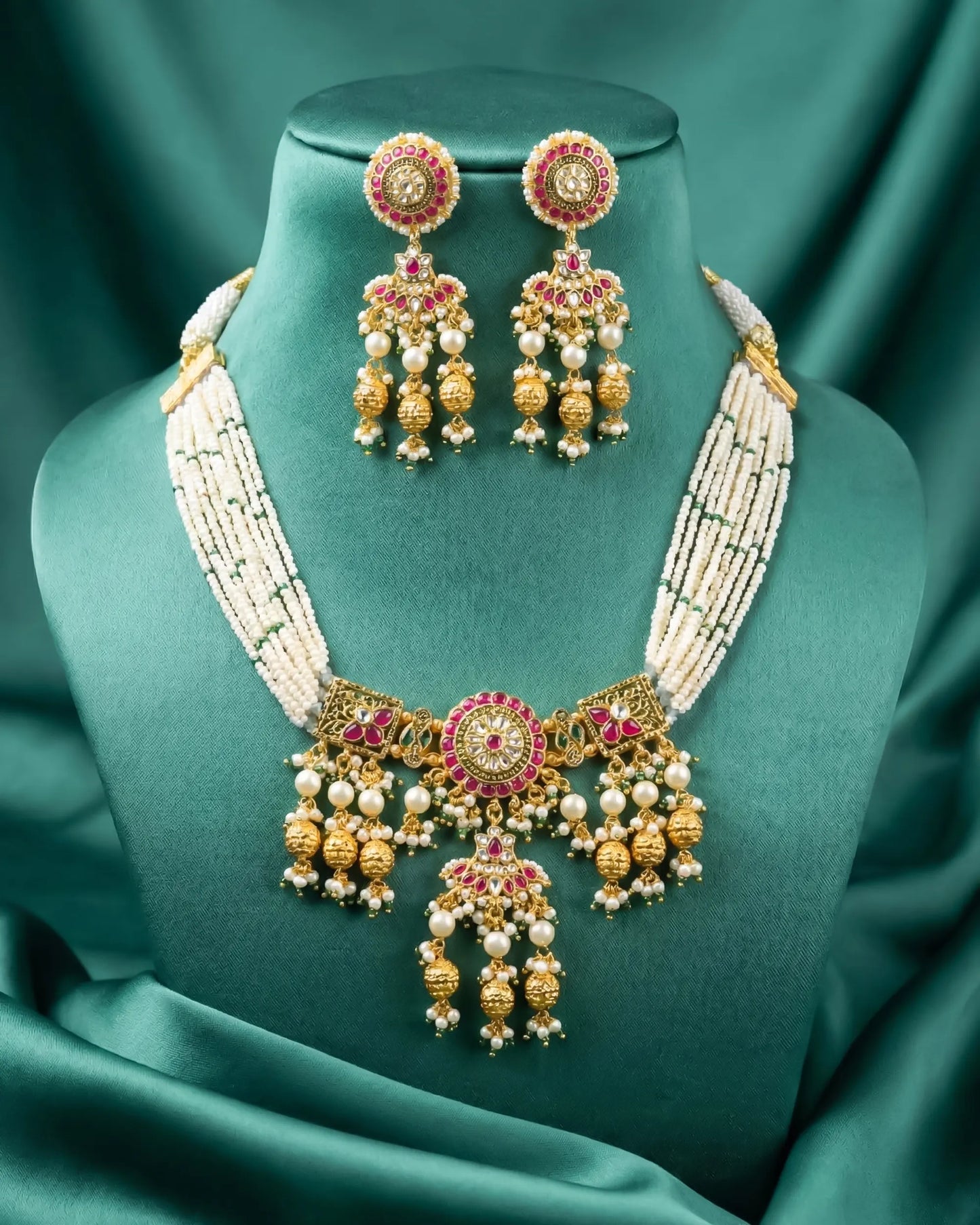 Handcrafted Pearl Choker Necklace Set, Gold Kundan Peacock Jewelry, Bridal Statement Earrings