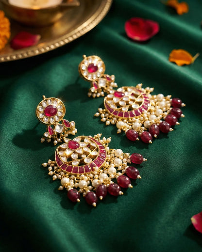 18K Gold Plated Jadau Earrings, Red Beads & White Pearl Ethnic Jewelry