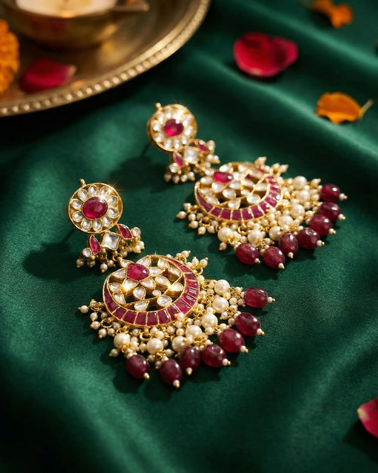 18K Gold Plated Jadau Earrings, Red Beads & White Pearl Ethnic Jewelry