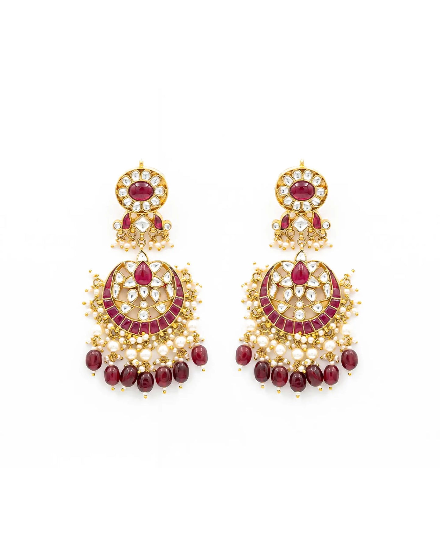 18K Gold Plated Jadau Earrings, Red Beads & White Pearl Ethnic Jewelry