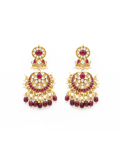 18K Gold Plated Jadau Earrings, Red Beads & White Pearl Ethnic Jewelry