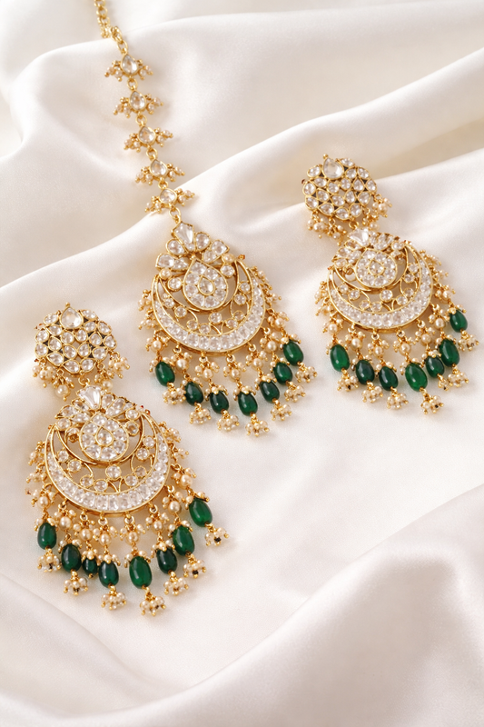 White Kundan Pearl Maang Tikka & Earrings Set with Green Beads Jewelry