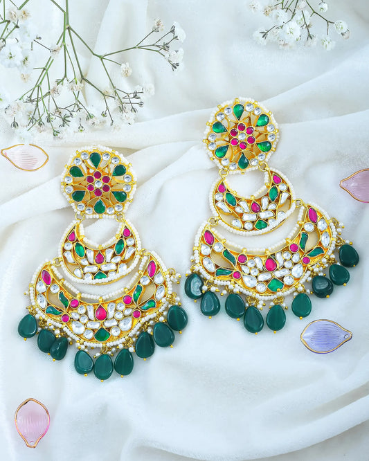 Traditional Jadau Chandbali Earrings in 18K Gold Plating | Kundan Polki Bridal Set