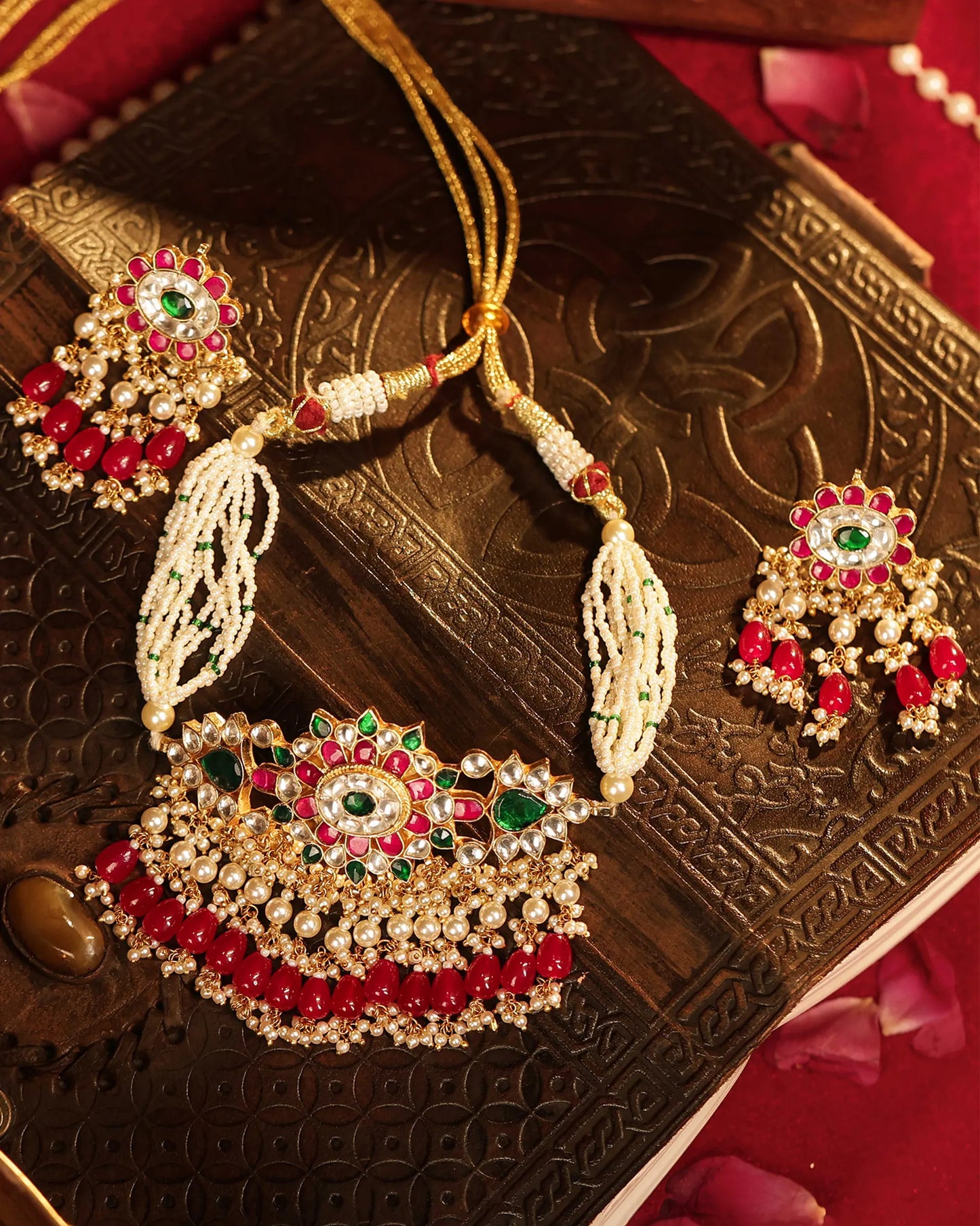 Bridal Red Kundan Choker Jewelry Set, Gold Plated Indian Earrings
