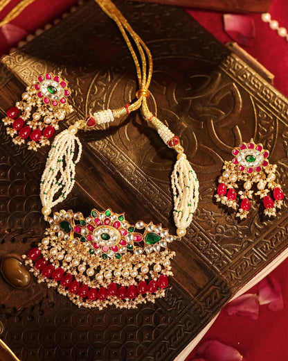 Bridal Red Kundan Choker Jewelry Set, Gold Plated Indian Earrings