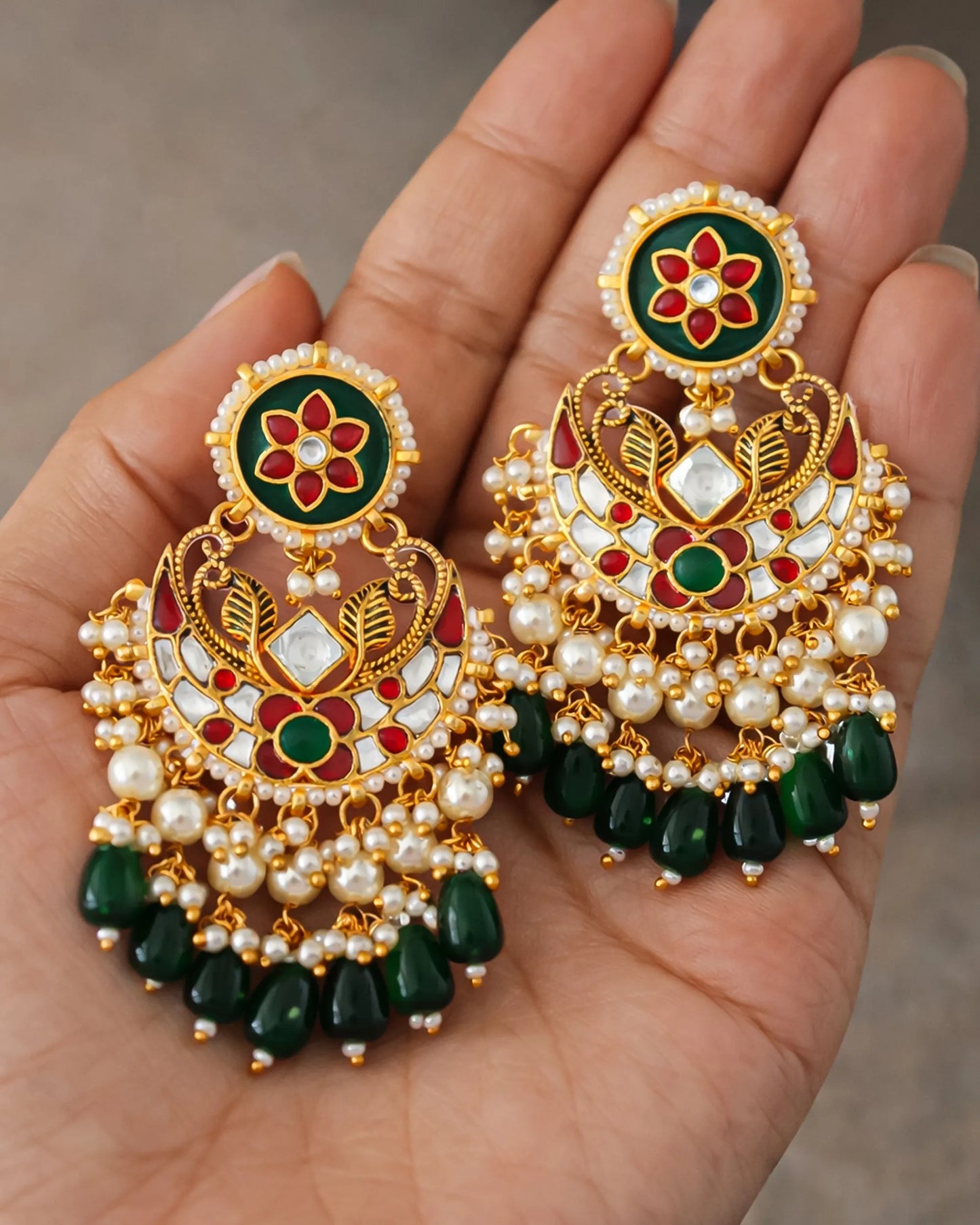 Polki Pearl and Green Drop Chandbali Earrings