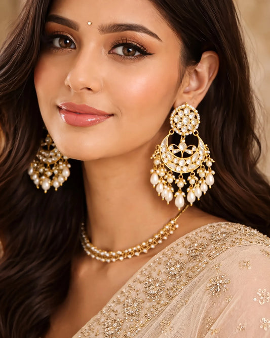 Kundan Chandbali Earrings, Gold Plated, Faux Pearl Drops Earring Jewelry