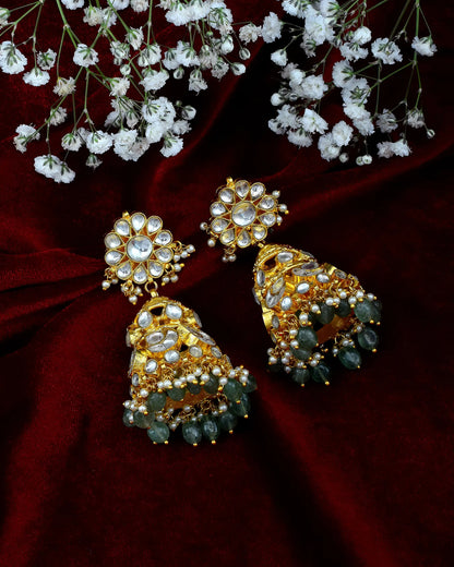 Gold Plated Kundan Jhumka Earrings with Green Beads