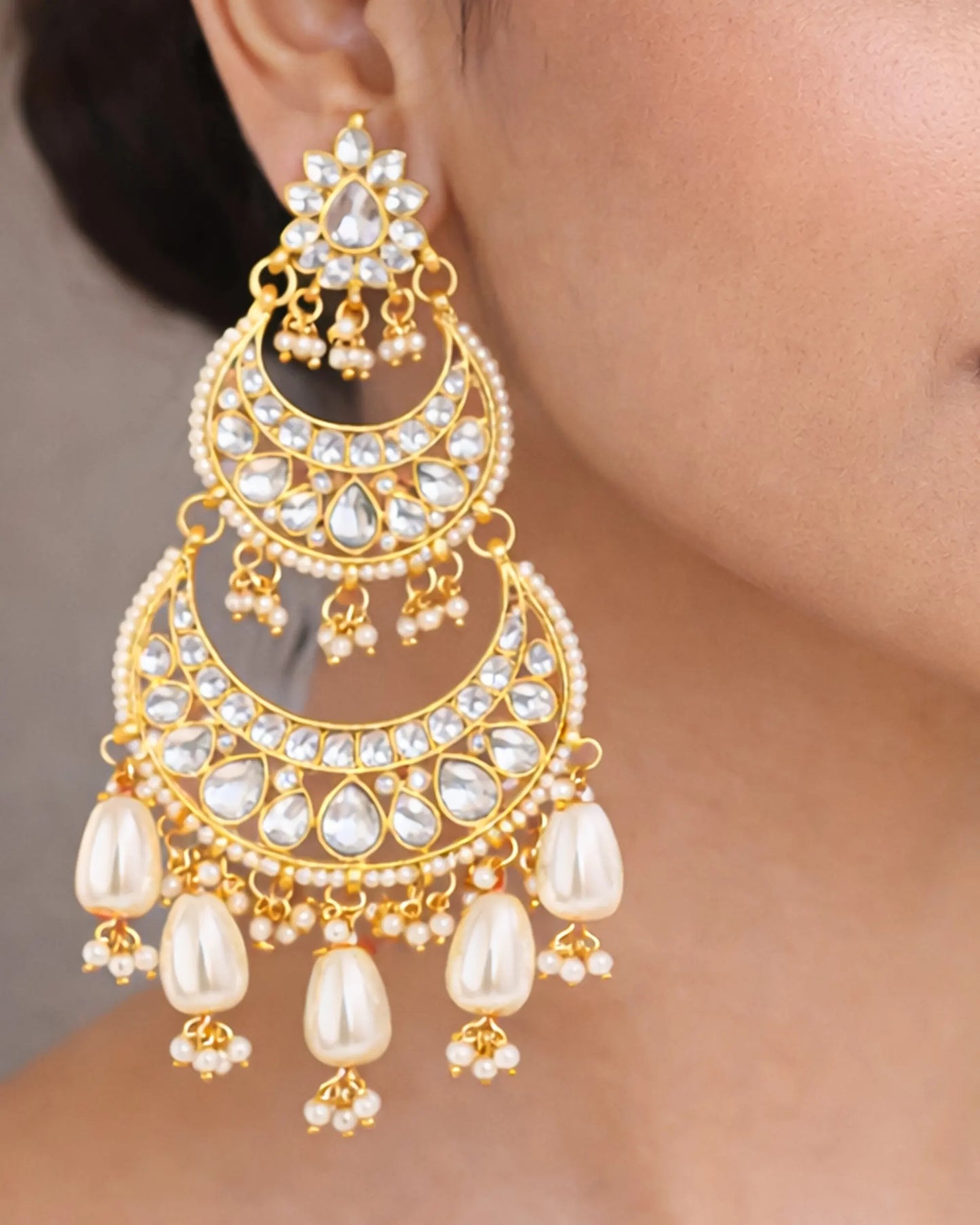 Jadau Chandbali Earrings, Polki Pearl Drop Gold Plated Jewelry