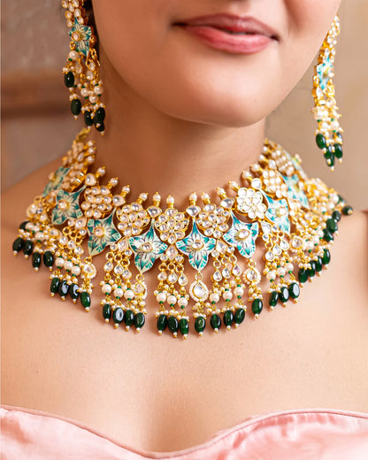 Aqua Blue Kundan Choker Necklace Set, Pearl Beads and Earrings Jewelry