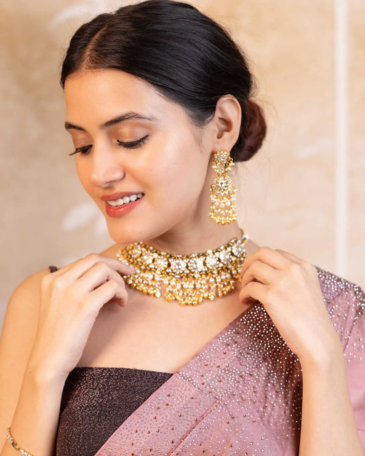 Royal Kundan Pearl Choker Set Necklace Gold Plated Indian Bridal Jewelry