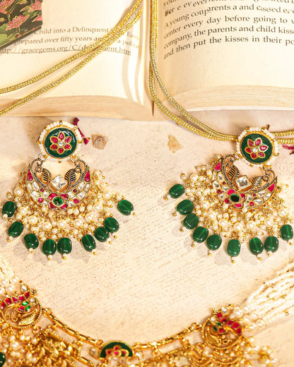 Kundan Pearl Choker Set, Multicolor Stone Necklace & Earrings, Indian Bridal Wedding Jewelry
