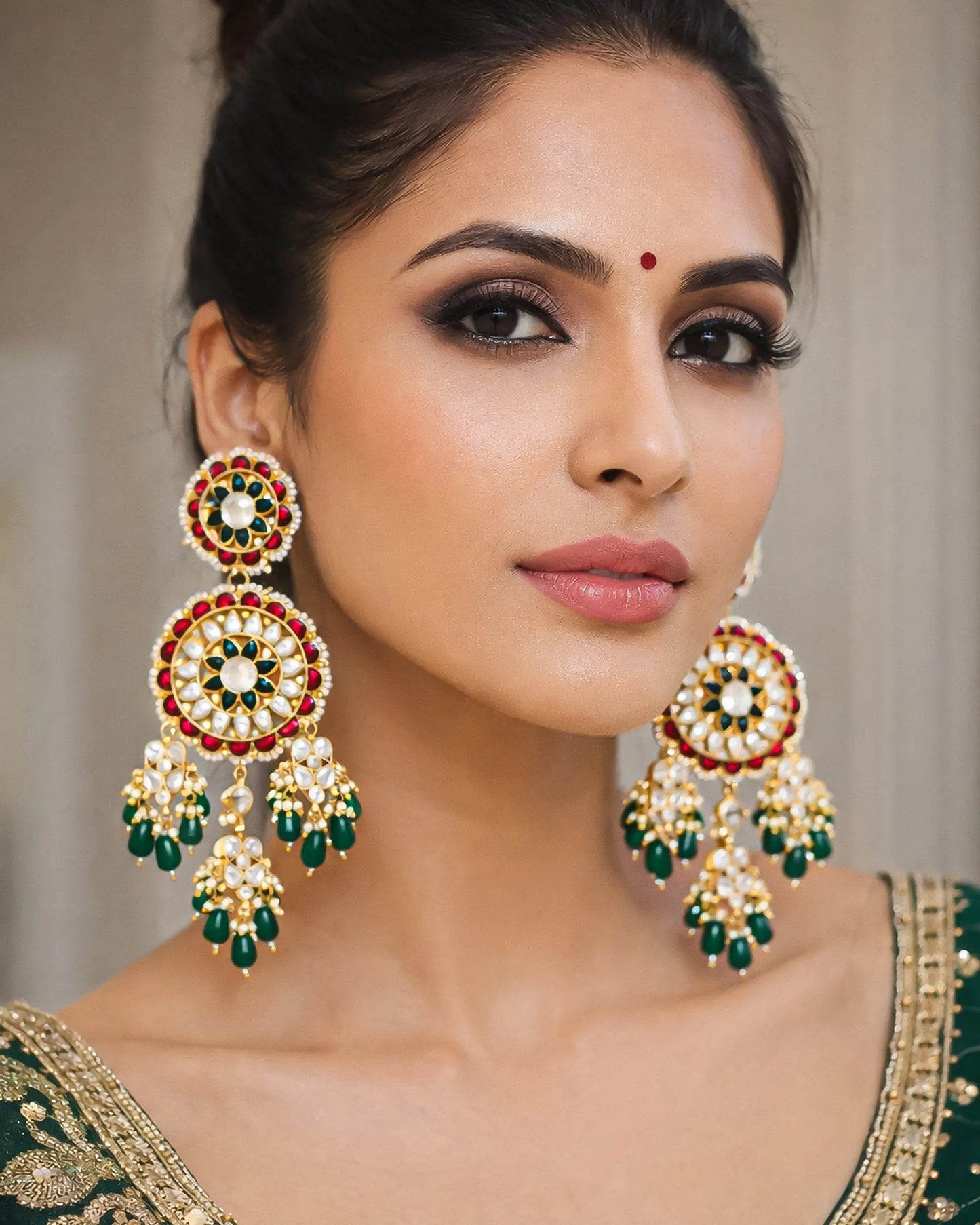 Long Gold-Plated Polki Jadau Earrings, Green Bead Drops Floral Jewelry