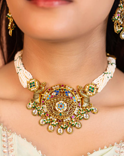 Multicolor Kundan Choker Set with Pearls, Indian Necklace & Earrings for Bride