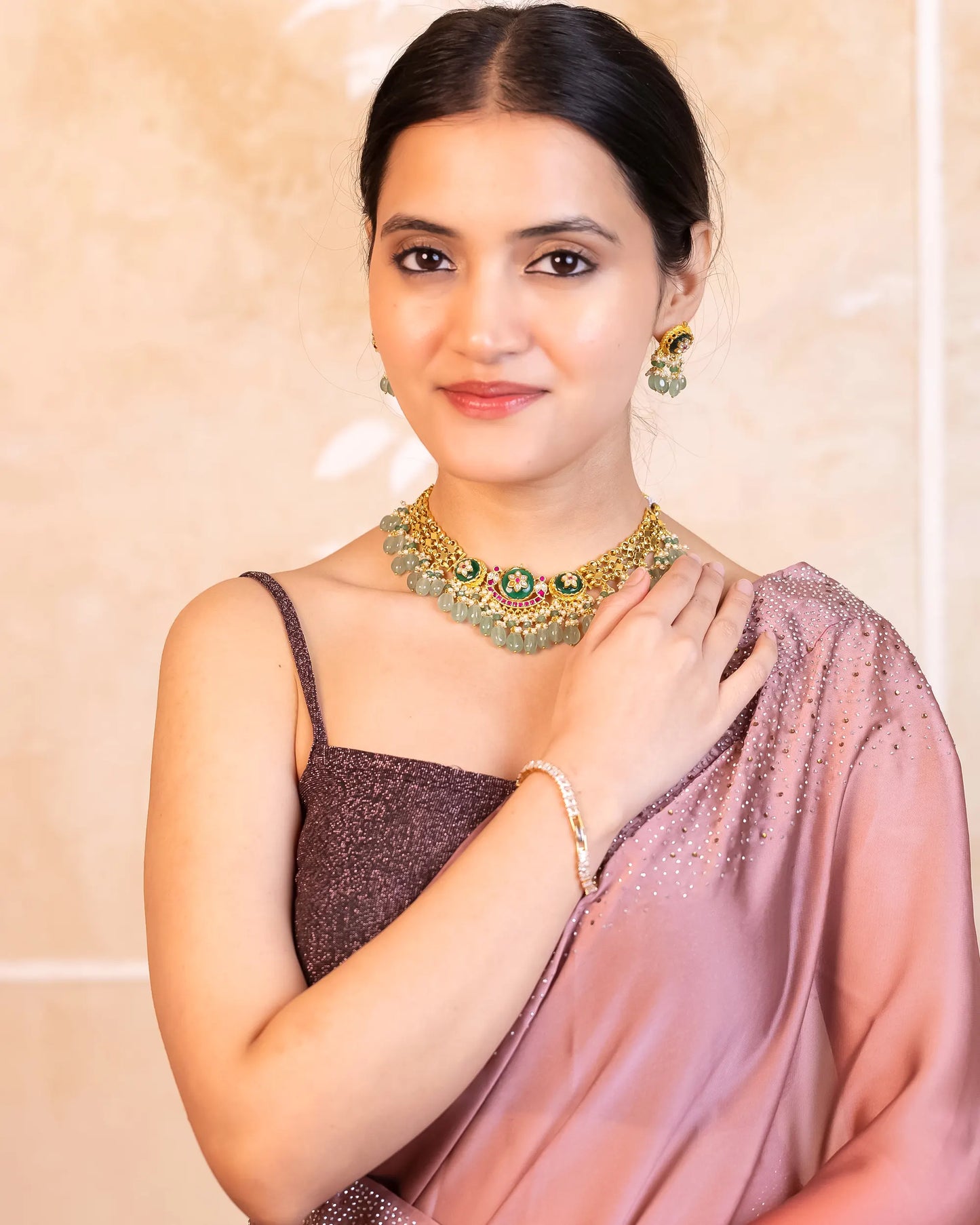 Kundan Choker Bridal Necklace, Green Beads Pearl Earrings, Indian Jewelry Set