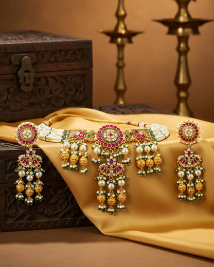 Handcrafted Pearl Choker Necklace Set, Gold Kundan Peacock Jewelry, Bridal Statement Earrings
