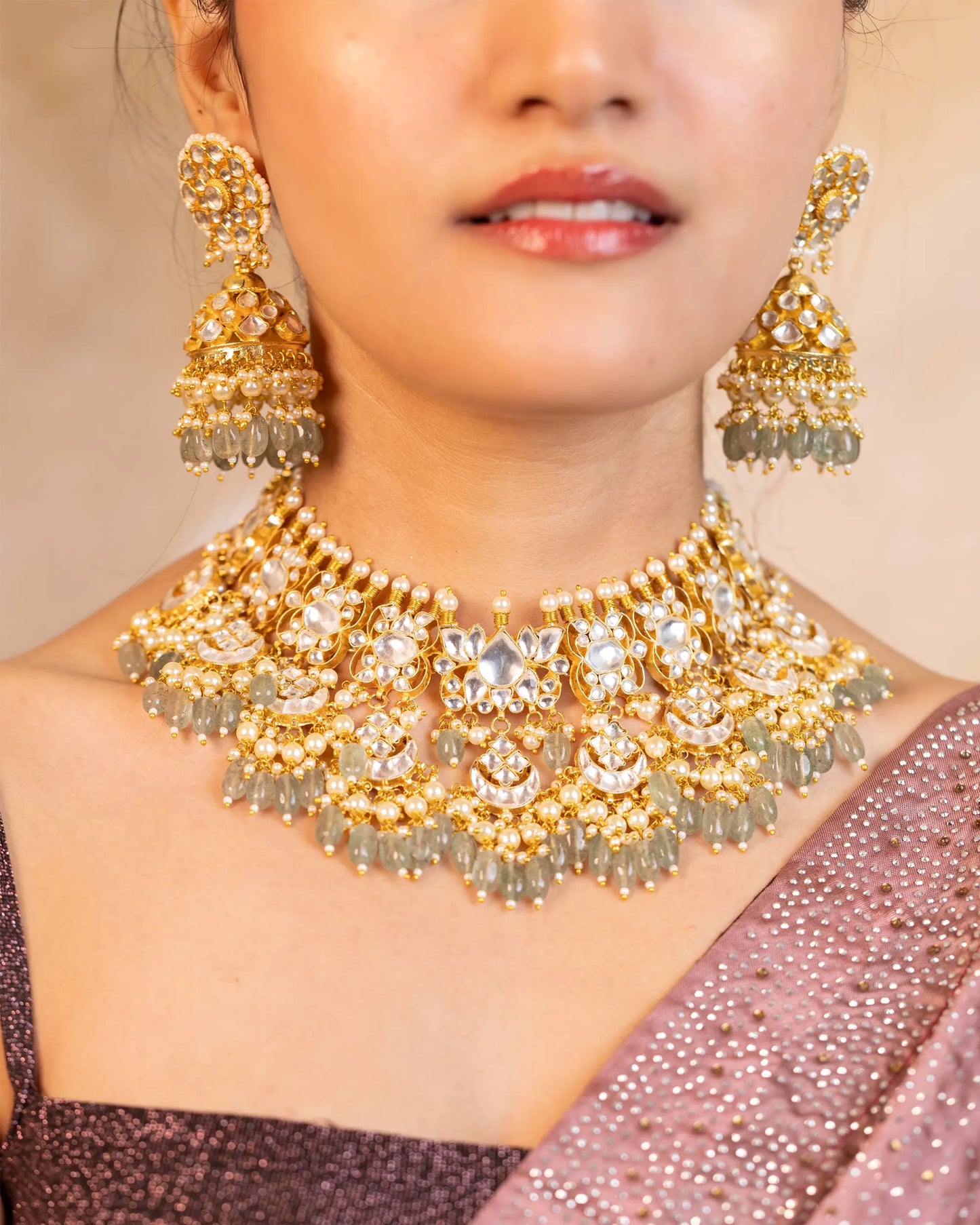 Gold Plated Kundan Bridal Choker Set with Pearl Drop Earrings and Maang Tikka Jewelry