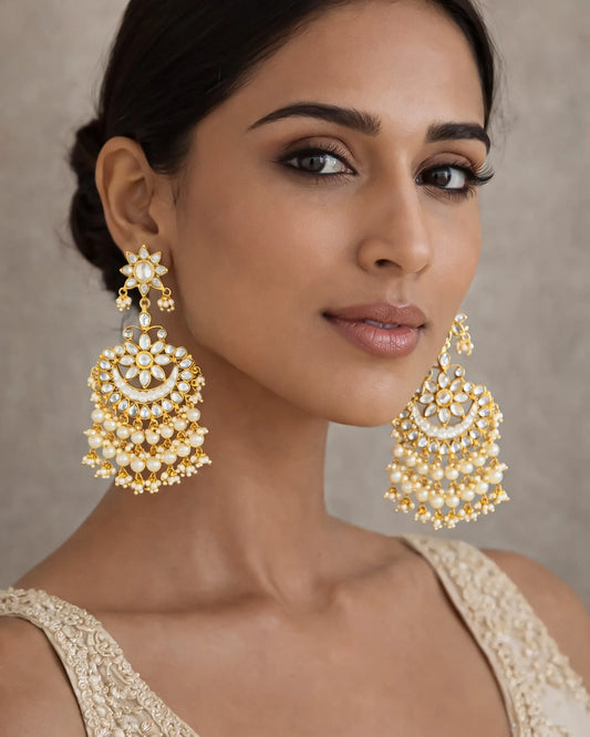 Gold Plated Kundan Chandbali Earrings, Floral Jadau Pearl Drops Jewelry