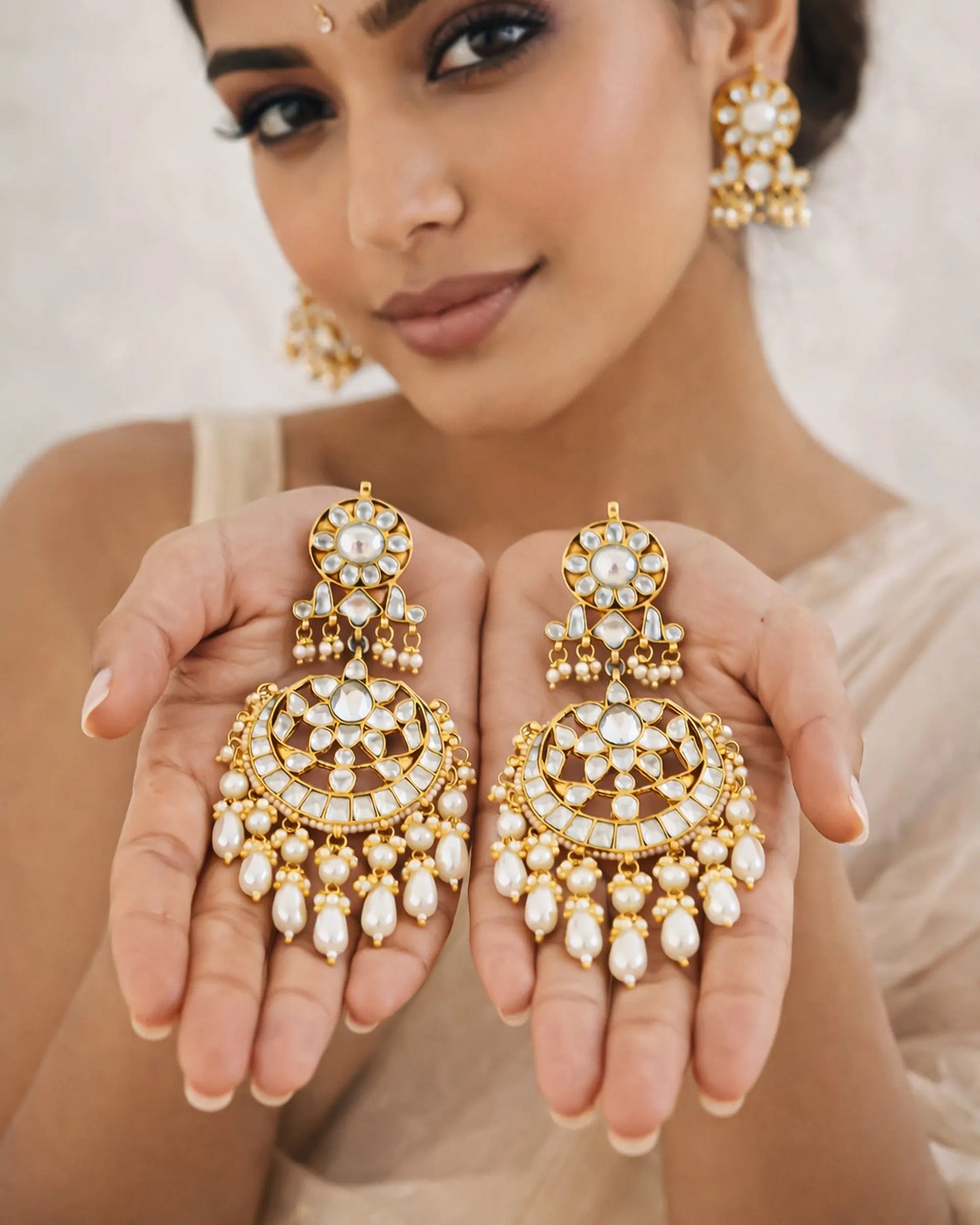 Kundan Pearl Chandbali Earrings, 18K Gold Plated Jewelry