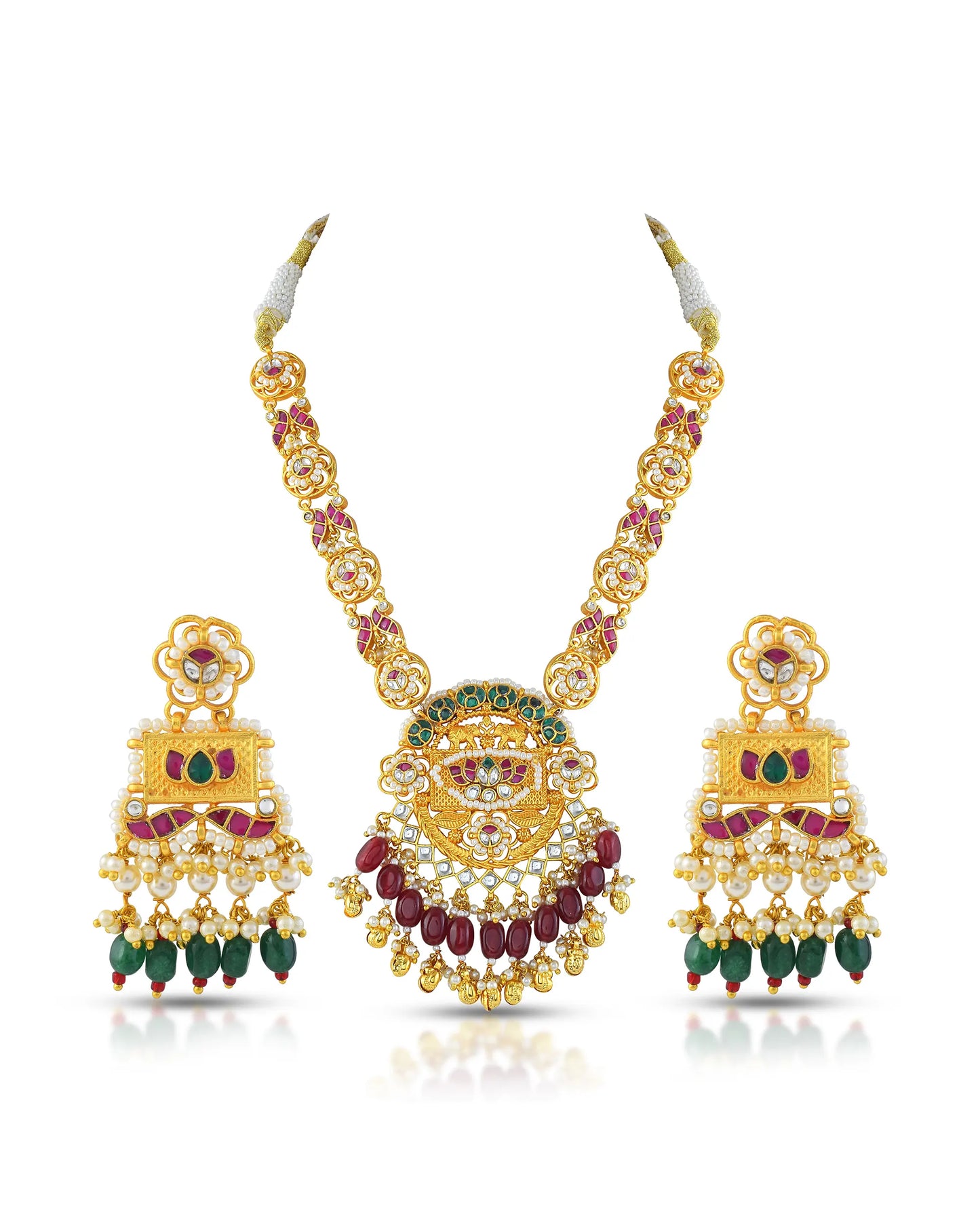 Kundan Lotus Necklace Set with Pearl Beads, 18K Gold-Plated Indian Jewelry