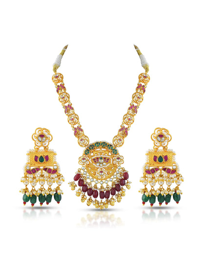 Kundan Lotus Necklace Set with Pearl Beads, 18K Gold-Plated Indian Jewelry