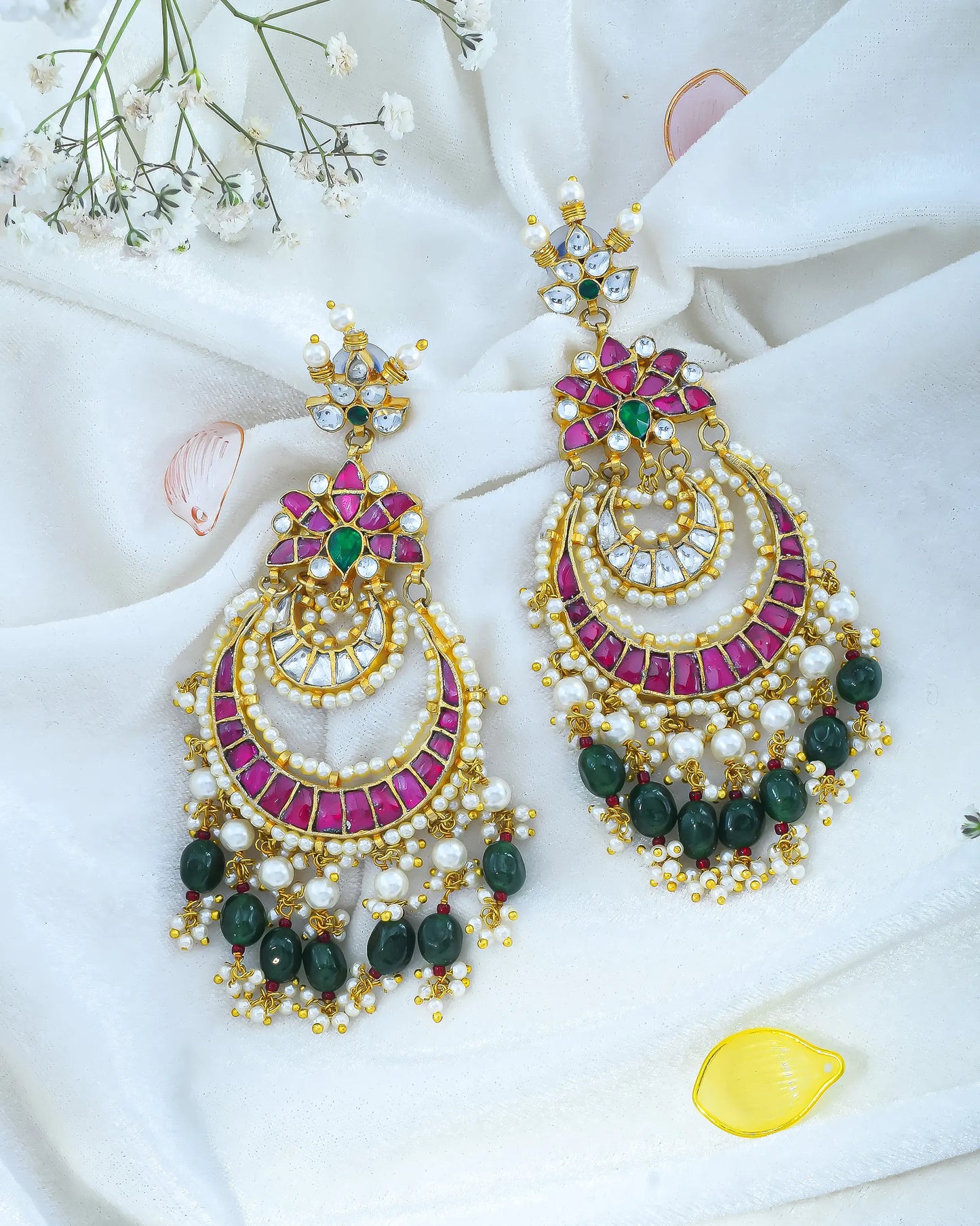 Gold Plated Jadau Chandbali Earrings with Pearl and Stone Drops