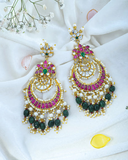 Gold Plated Jadau Chandbali Earrings with Pearl and Stone Drops