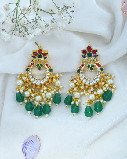 Handmade Jadau Chandbali Earrings, 18K Gold Plated Polki Green Beads Jewelry