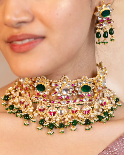 Designer Sparkling Kundan Choker Set – Green Bead Necklace with Floral Earrings