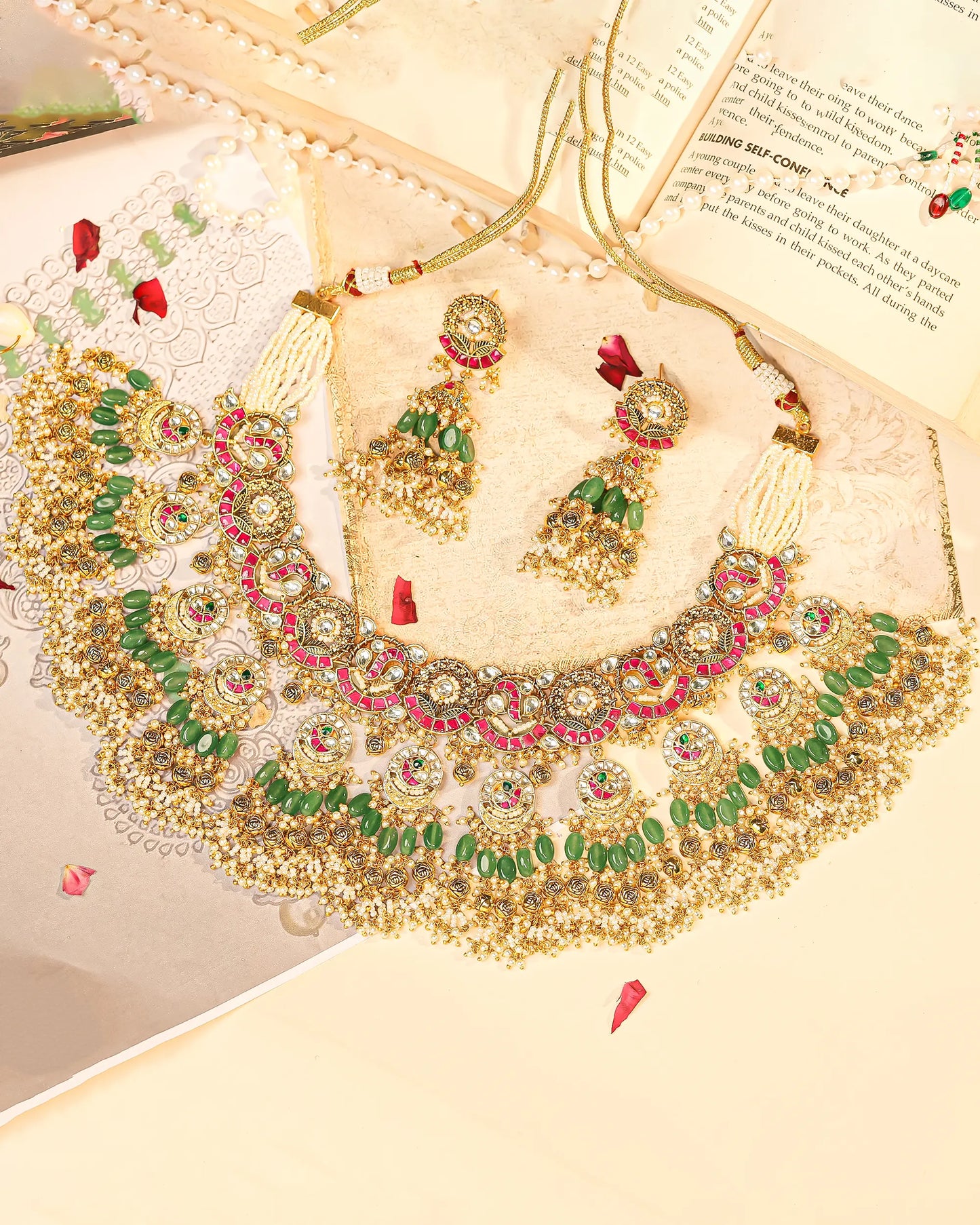 Traditional Kundan Choker Set, Gold Plated Bridal Necklace, Green Bead Earrings Jewelry Gift