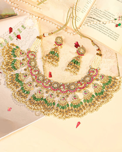 Traditional Kundan Choker Set, Gold Plated Bridal Necklace, Green Bead Earrings Jewelry Gift
