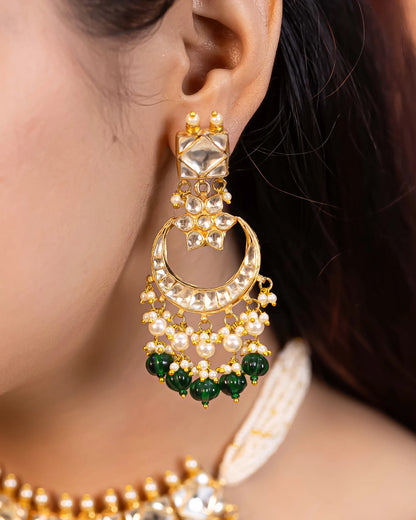 Handcrafted Kundan Choker Set, Pearl Necklace, Green Bead Earrings Jewelry