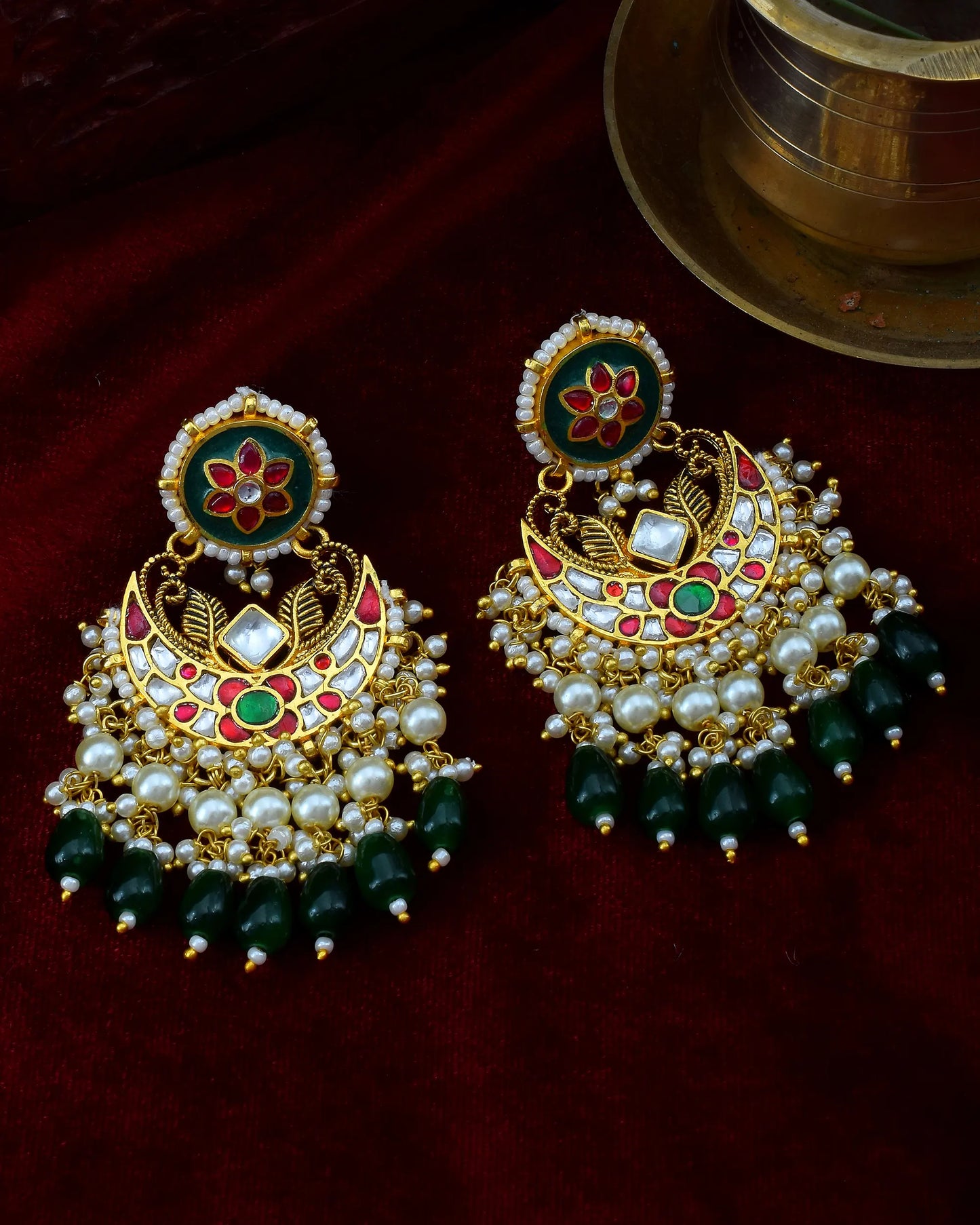 Polki Pearl and Green Drop Chandbali Earrings