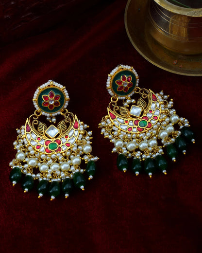 Polki Pearl and Green Drop Chandbali Earrings