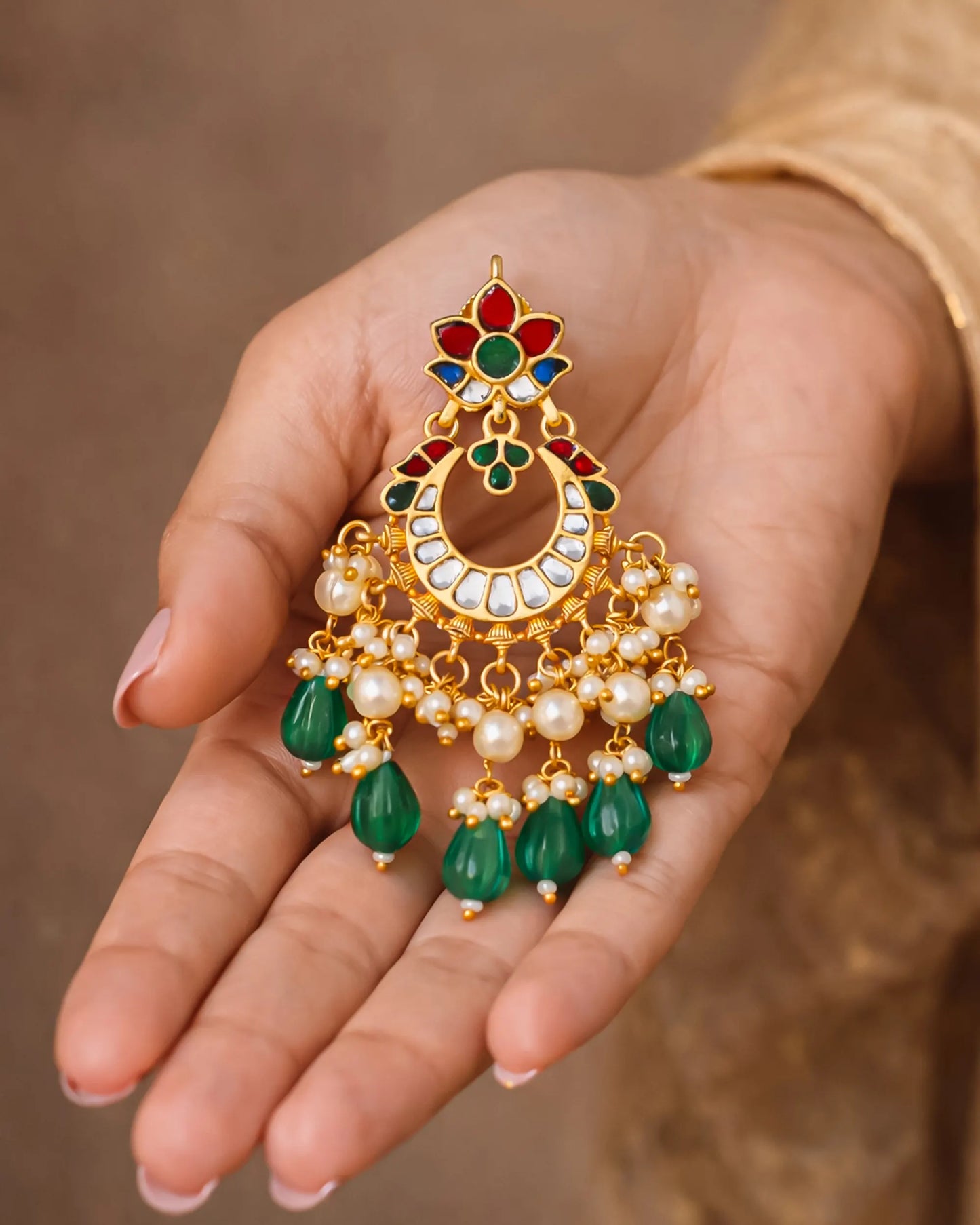 Handmade Jadau Chandbali Earrings, 18K Gold Plated Polki Green Beads Jewelry