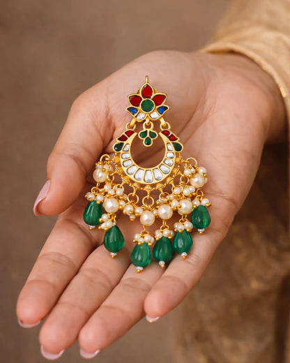 Handmade Jadau Chandbali Earrings, 18K Gold Plated Polki Green Beads Jewelry