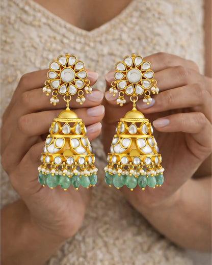 Gold Plated Kundan Jhumka Earrings with Green Beads
