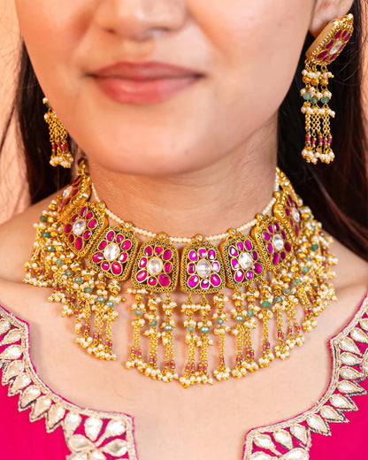 Gold Plated Pink Kundan & Pearl Choker Set Necklace Traditional Indian Jewelry