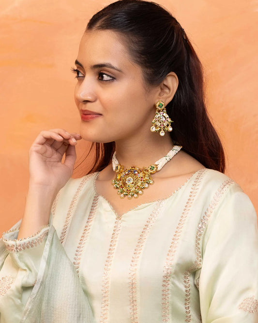 Multicolor Kundan Choker Set with Pearls, Indian Necklace & Earrings for Bride