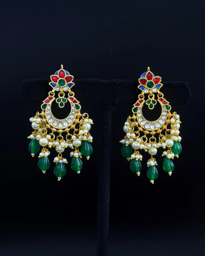 Handmade Jadau Chandbali Earrings, 18K Gold Plated Polki Green Beads Jewelry