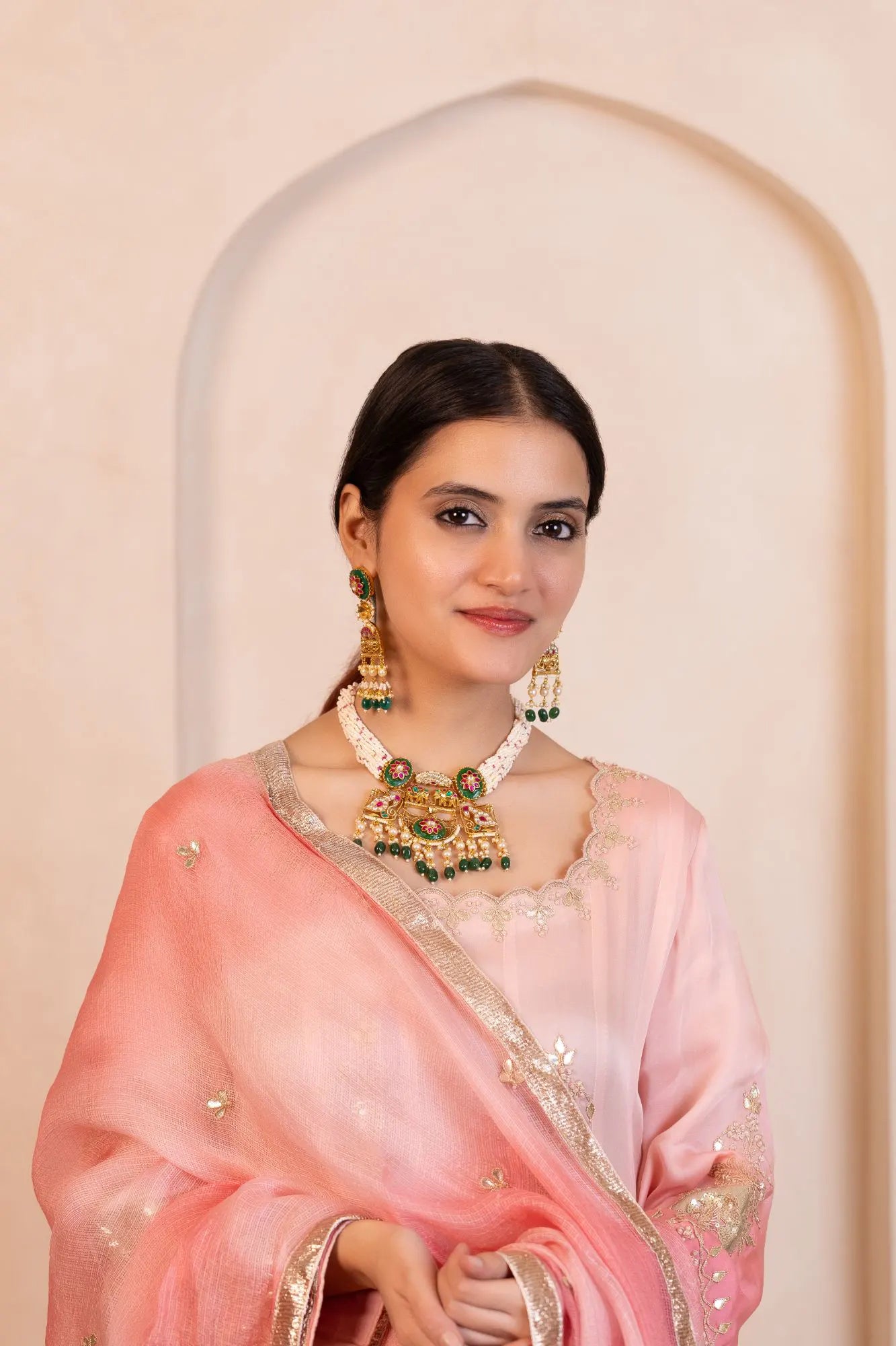 Multi Strand Pearl Choker Necklace Set with Green Kundan Pendant, Indian Bridal Jewelry, Wedding Necklace, Gold Choker with Earrings